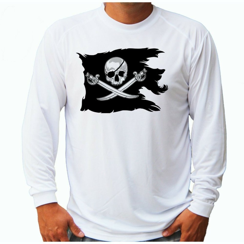 New Pirate Flag Skull Fishing Boat Long Sleeve UPF 50 T-Shirt UV Sun Protection - Picture 1 of 1